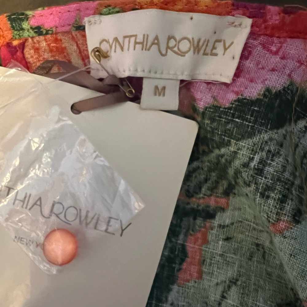 🧡Cynthia Rowley Orange Floral Linen Short Sleeve Blouse - Picture 4 of 5